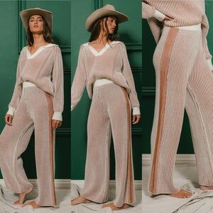 Brown two tone ribbed texture sweater top pants boho bohemian set